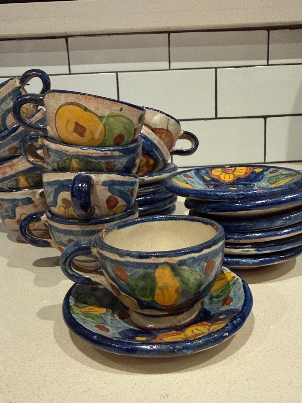 Set of 11 vintage Mexico Talavera hand-painted  ceramic cups & saucers pottery
